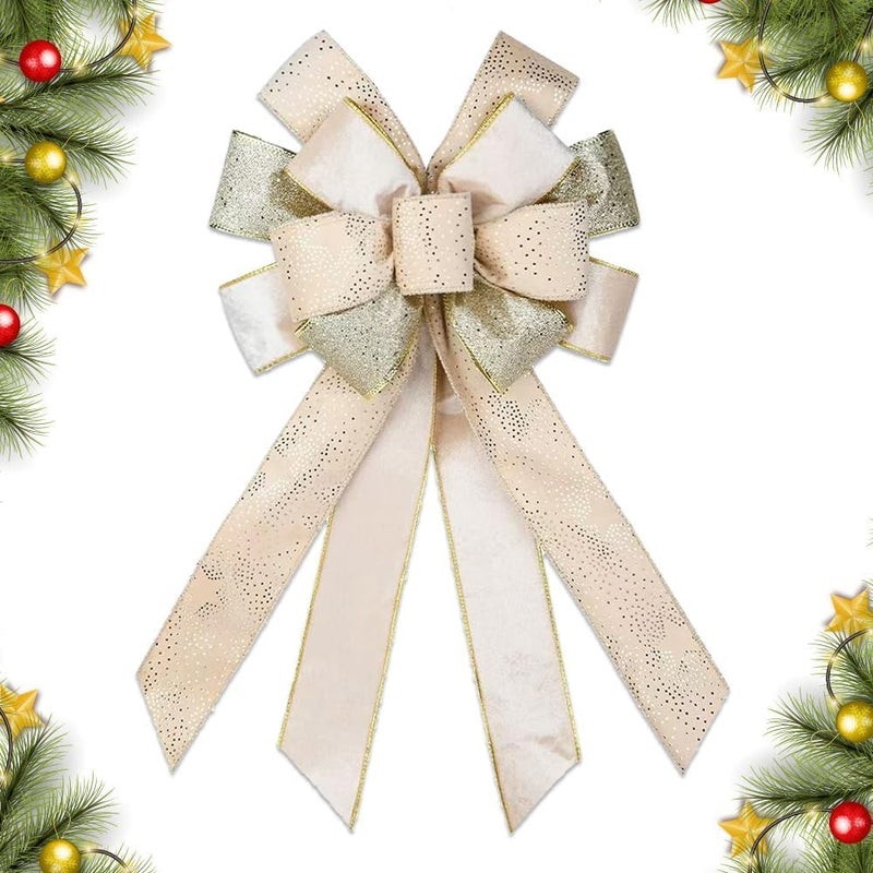Christmas Wreath Bow 20 x 11 Inches Large Christmas Bows Glitter White Champagne Bow Winter Holiday DIY Craft Bow Xmas Tree Topper Ornament Bow for Home Front Door Decorations